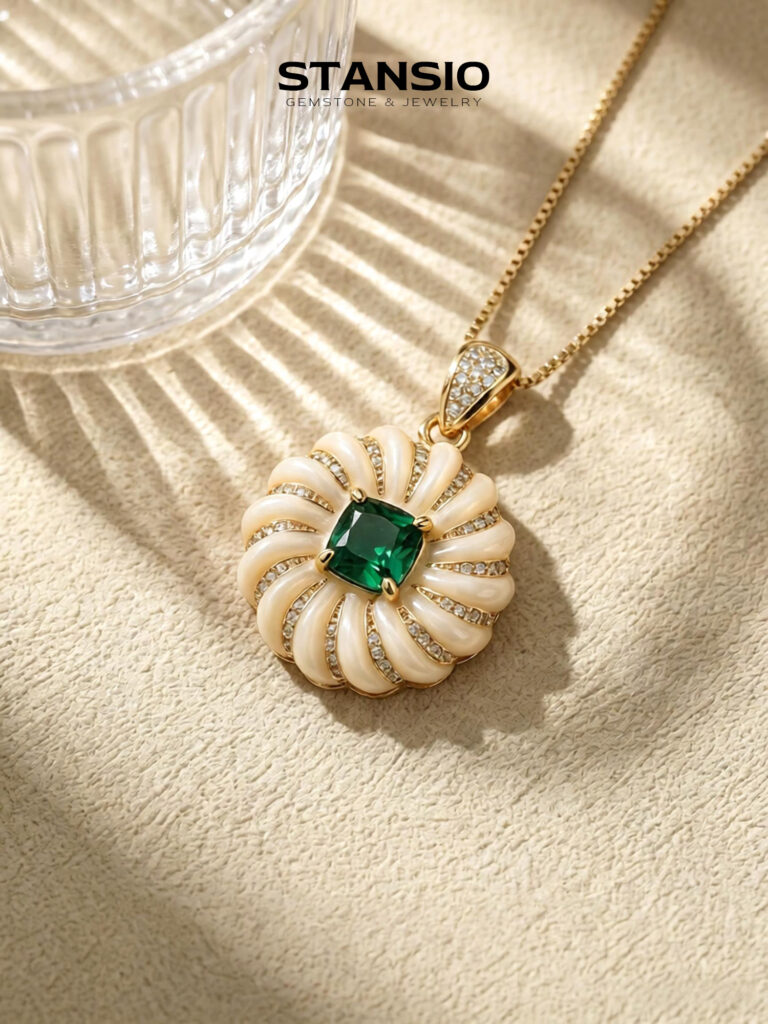 Stansio venus pendant necklace, bold statement shell‑style gemstone pendant with zircon