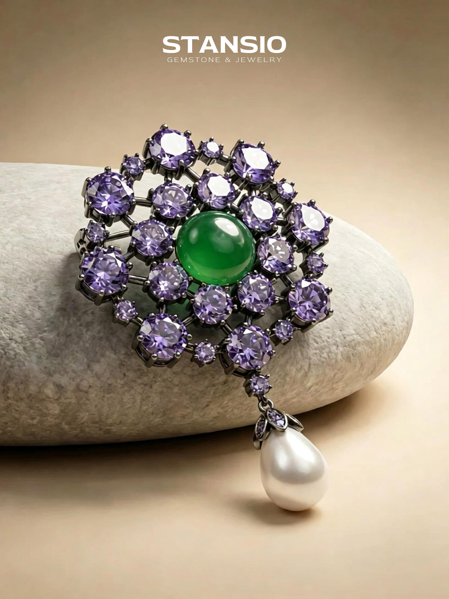 Stansio violet pearl brooch paired with vintage formal outfit, ornate two‑tone gem brooch on neutral fabric