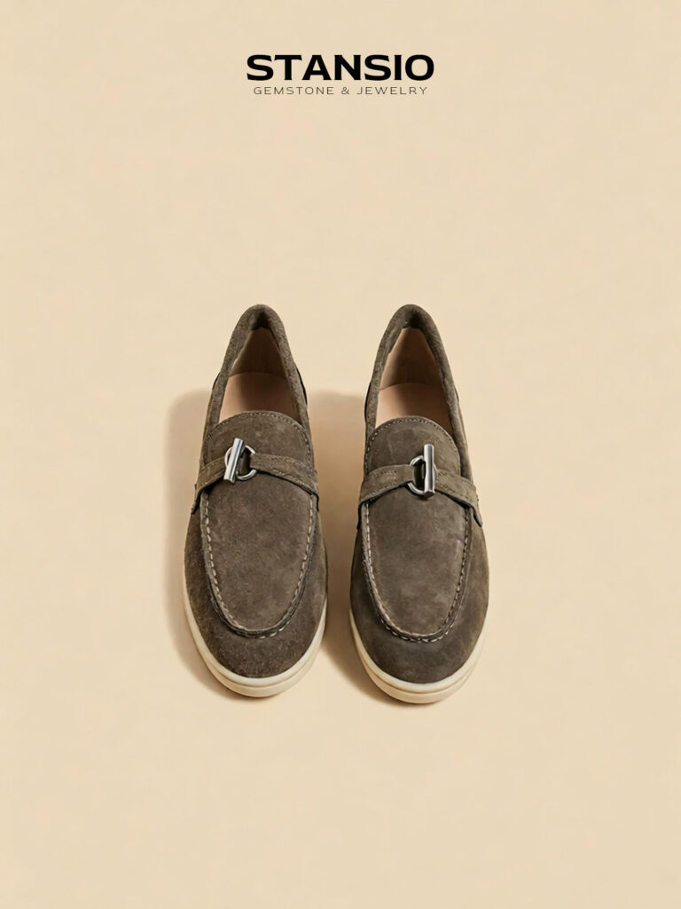 Stansio wulan green loafers, women suede slip-on loafers with metal buckle