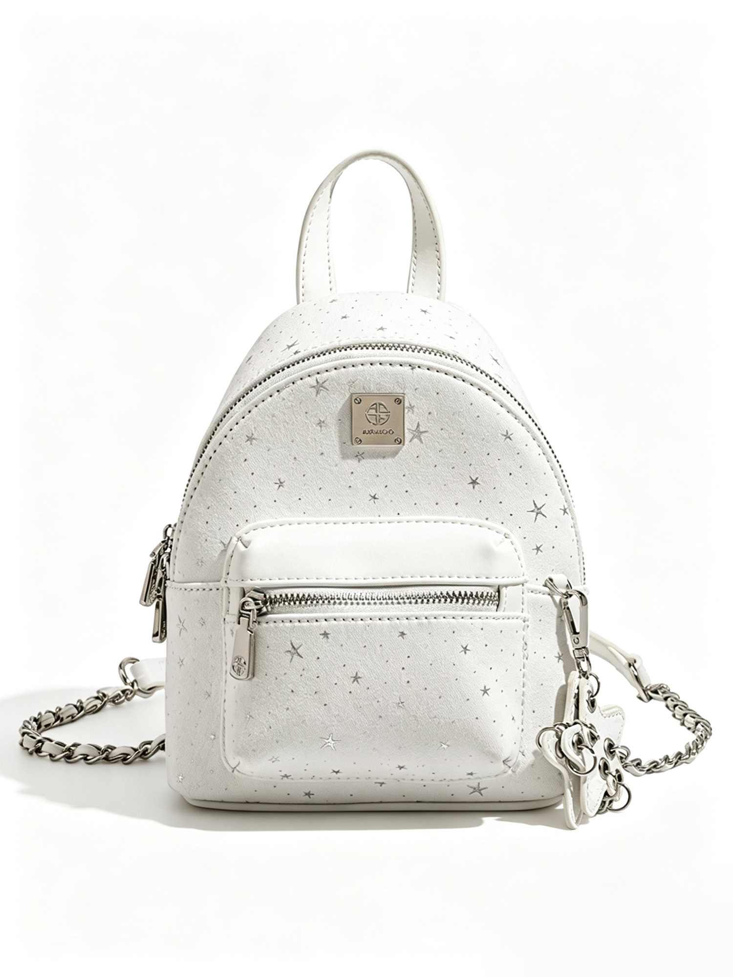 Starry white mini backpack front shot, cute star pattern small backpack with star charm