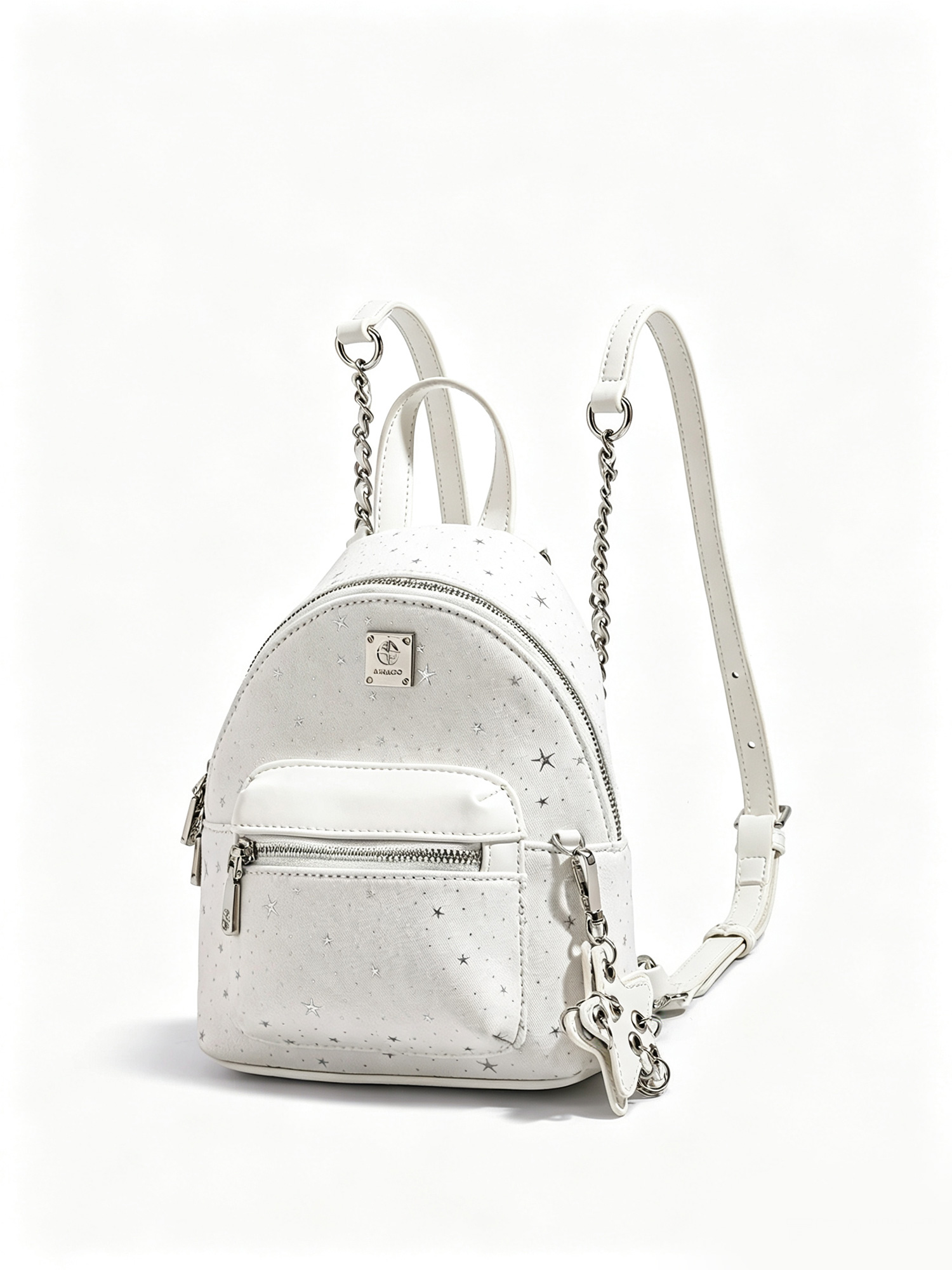 Starry white mini backpack overhead shot, dreamy star motif compact women backpack