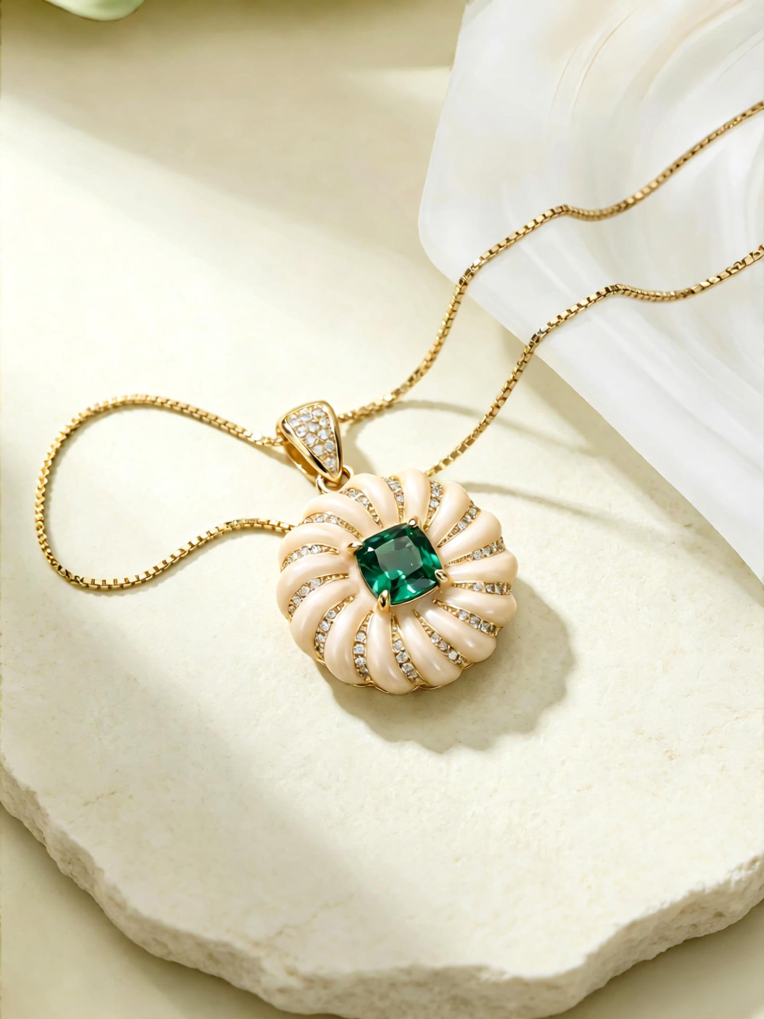 Venus pendant necklace close‑up, central green gemstone and zircon‑lined radial ridges