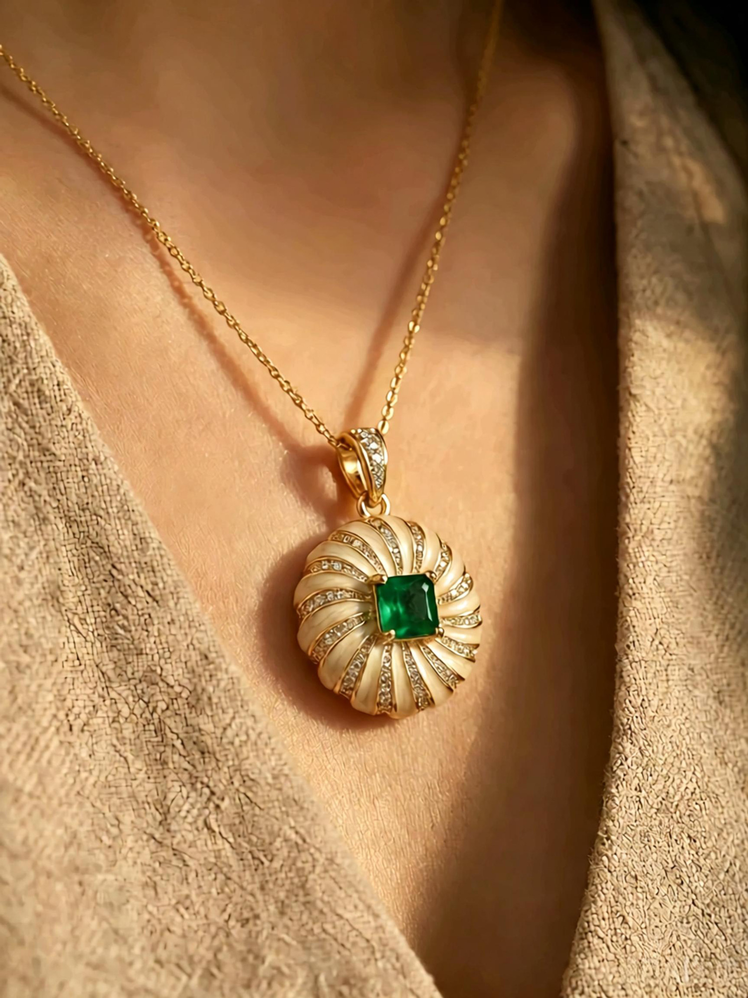 Venus pendant necklace front flat lay, cream shell‑shaped pendant copper k‑gold plating