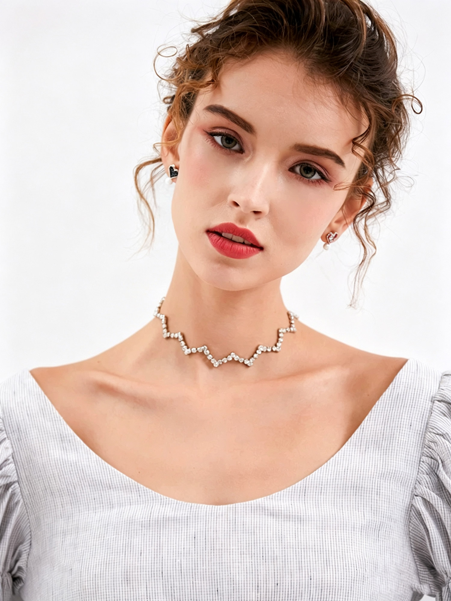 Wave Spark Choker Necklace white background product view, angular crystal chain with extension clasp