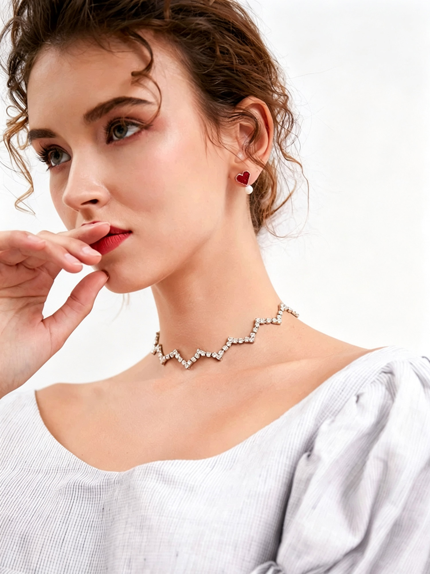 Wave Spark Choker Necklace worn on model neck, sparkling geometric choker paired with square neck top