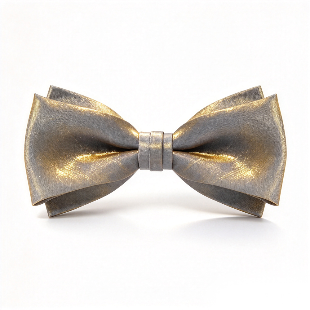 Close up of Lumen Bow Tie iridescent woven fabric with flowing golden shimmer