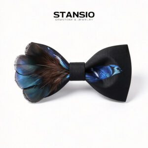 Plume Bow Tie luxury handcrafted feather bow tie with natural blue feathers and bird print
