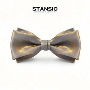 STANSIO Lumen Bow Tie two tier shimmer grey gold bow tie worn with black suit