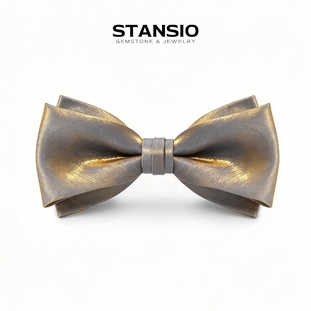 STANSIO Lumen Bow Tie two tier shimmer grey gold bow tie worn with black suit
